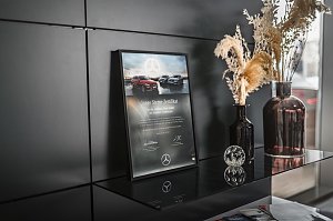 Dekoratives Regal mit einem gerahmten ‚Junge Sterne‘-Zertifikat von Mercedes-Benz, daneben zwei Vasen mit Trockenblumen in Braun- und Beigetönen. Auf dem Regal liegen auch Magazine, davor eine Glaskugel-Deko. Moderner schwarzer Hintergrund.
