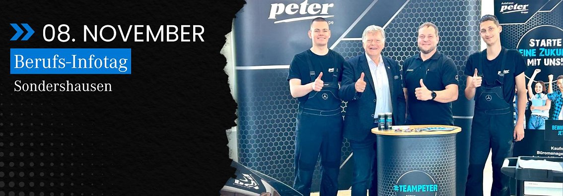 Grafik zum Berufsinfotag in Sondershausen, links Termin und Ort, rechts ein Gruppenbild vom Team Peter auf einer Azubismesse.