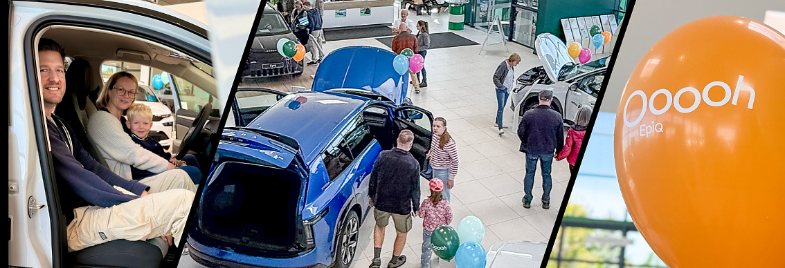 Familie mit Kind sitzt in einem �koda, daneben Blick auf den gut besuchten Showroom mit ausgestellten Fahrzeugen und bunten Luftballons sowie ein orangefarbener Ooooh, that�s Epiq-Ballon.