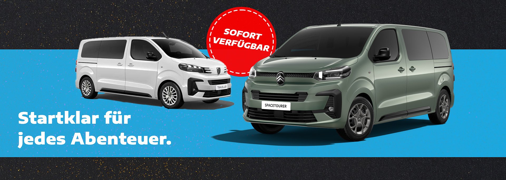 Werbung für Peugeot Traveller in Weiß und Citroën Spacetourer in Grün mit Slogan 'Startklar für jedes Abenteuer'. Rotes Label 'Sofort verfügbar'.
