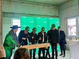 Mehrere Herren schlagen Nägel mit einem Hammer in einen Holzbalken