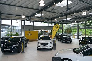 Innenansicht eines modernen Opel-Autohauses mit mehreren ausgestellten Fahrzeugen, darunter Crossland X und Mokka X, viel Tageslicht durch gro&szlig;e Fensterfl&auml;chen, sowie gelbe Opel- und Peter-Markenschilder.