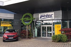 Eingang des Autohauses Peter GmbH, Osterode. &Uuml;ber dem Glasdoppelt&uuml;r-Eingang ist ein gro&szlig;es Schild mit dem Schriftzug Autohaus Peter GmbH angebracht. Daneben steht ein roter Opel. Auff&auml;llig ist ein gro&szlig;es Opel-Logo aus gr&uuml;nem Buchsbaum. Rechts vom Eingang befindet sich ein gelbes Willkommen-Schild mit Opel-Logo.