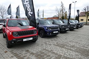 Reihe von Jeep-Fahrzeugen (Renegade-Modelle) auf dem Außengelände des Autohauses; im Vordergrund ein roter Jeep, daneben ein blauer, mehrere graue und schwarze Fahrzeuge, mit Jeep-Fahnen im Hintergrund.