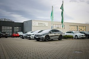 Mehrere Škoda-Fahrzeuge stehen vor dem Gebäude Škoda Plus Autowelt Peter. Zwei grüne Fahnen wehen im Vordergrund. Links im Bild parken weitere Autos.