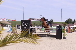 Ein Reiter springt mit einem braunen Pferd &uuml;ber ein Mercedes-Benz-Hindernis auf dem Sandplatz beim Reitturnier in Immenrode. Im Vordergrund sind Palmwedel, im Hintergrund der Begr&uuml;&szlig;ungsbogen, Zuschauer und wehende Fahnen zu sehen.