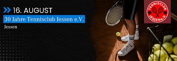 Grafik zum 30-jährigen Jubiläum des Tennisclubs Jessen e.V. am 16. August in Jessen. Zu sehen sind Tennisspielerbeine mit Schläger und Tennisbällen auf dem Platz sowie das rote Vereinslogo mit zwei gekreuzten Schlägern. (Pexels / TC Jessen)