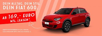 Werbung für den roten Fiat 600 mit Slogan 'Dein Alltag. Dein Stil. Dein Fiat 600.' Angebot ab 169 Euro monatlich leasen. (FCA GERMANY GmbH)