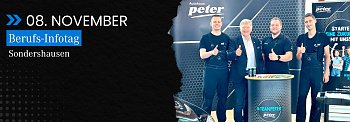 Grafik zum Berufsinfotag in Sondershausen, links Termin und Ort, rechts ein Gruppenbild vom Team Peter auf einer Azubismesse. (Autohaus Peter)