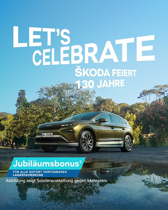 Grafik zum Jubil&auml;umsbonus mit dem neuen Skoda Enyaq. Blauer Himmel mit Let's Celebrate-Schriftzug.