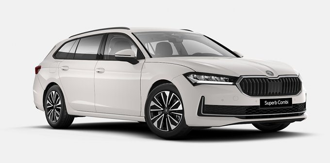 Weißer Skoda Superb (schräge Vorderansicht)